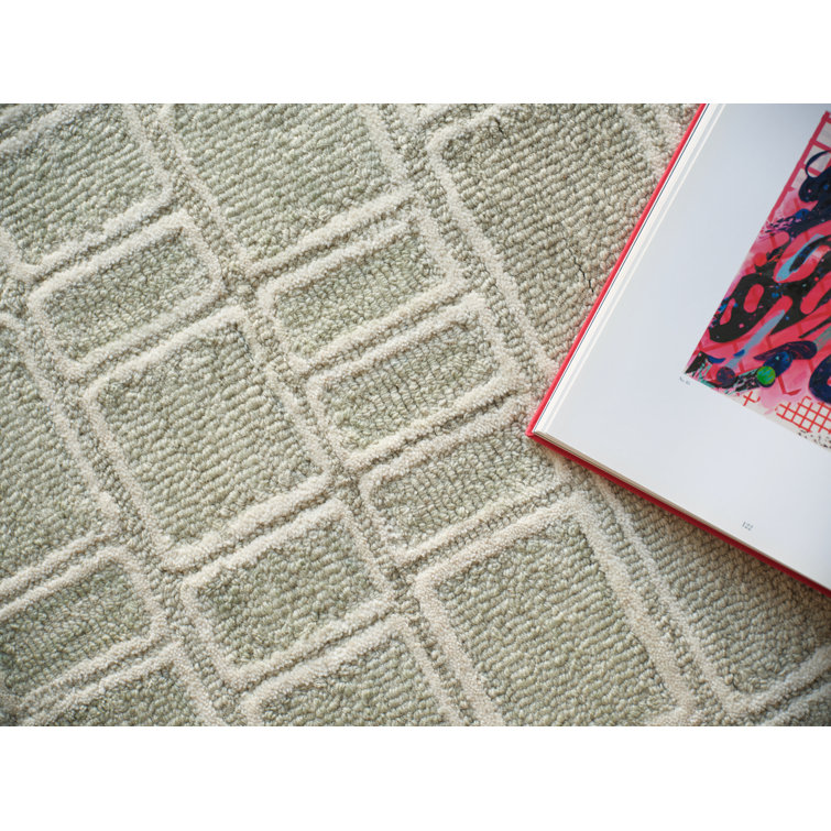 Ivory and Green Geometric Hand Tufted Wool Rug, 4' x 6'