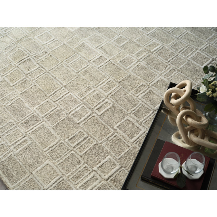 Ivory Geometric Hand Tufted Wool 10' x 14' Area Rug
