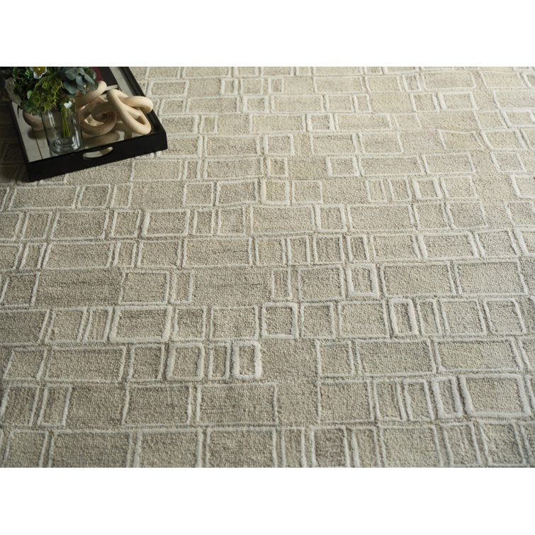Ivory Geometric Hand Tufted Wool 10' x 14' Area Rug