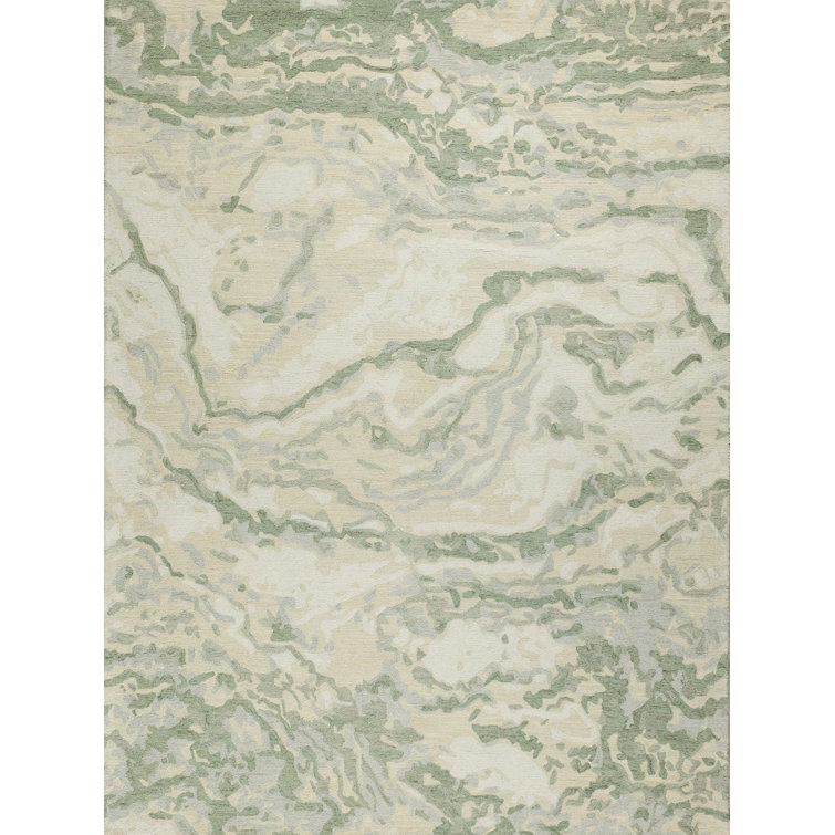 Ivory and Green Handmade Wool Abstract Rectangular Rug