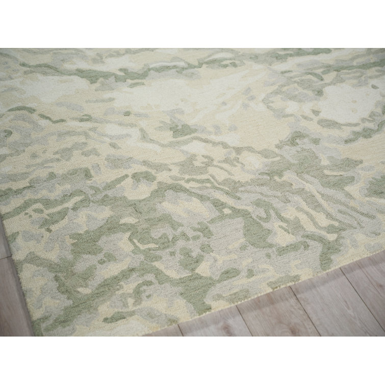 Ivory and Green Handmade Wool Abstract Rectangular Rug