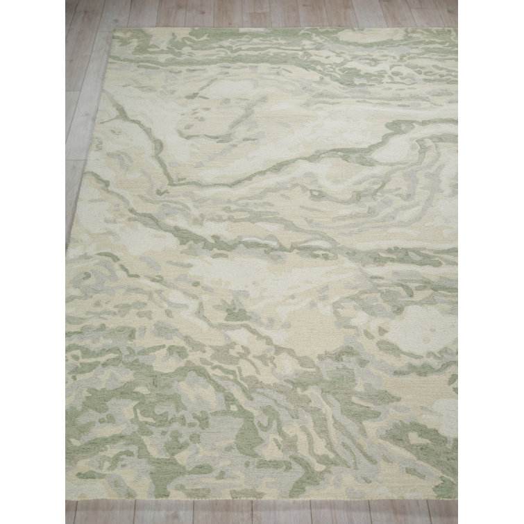 Ivory and Green Handmade Wool Abstract Rectangular Rug
