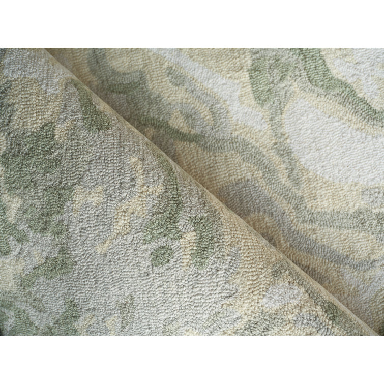 Ivory and Green Handmade Wool Abstract Rectangular Rug