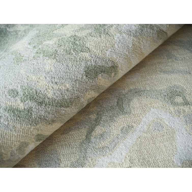 Ivory and Green Handmade Wool Abstract Rectangular Rug