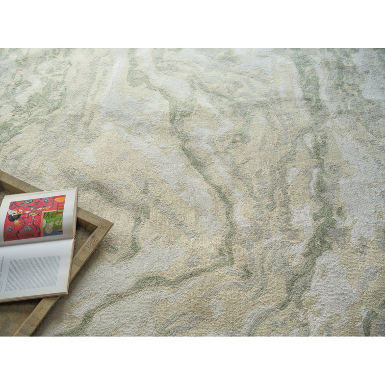 Ivory and Green Handmade Wool Abstract Rectangular Rug