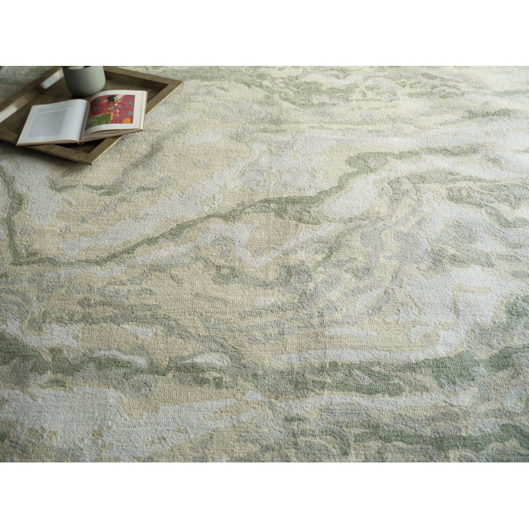 Ivory and Green Handmade Wool Abstract Rectangular Rug