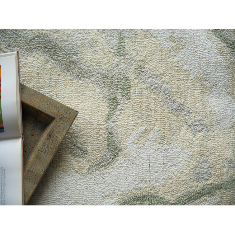 Ivory and Green Handmade Wool Abstract Rectangular Rug