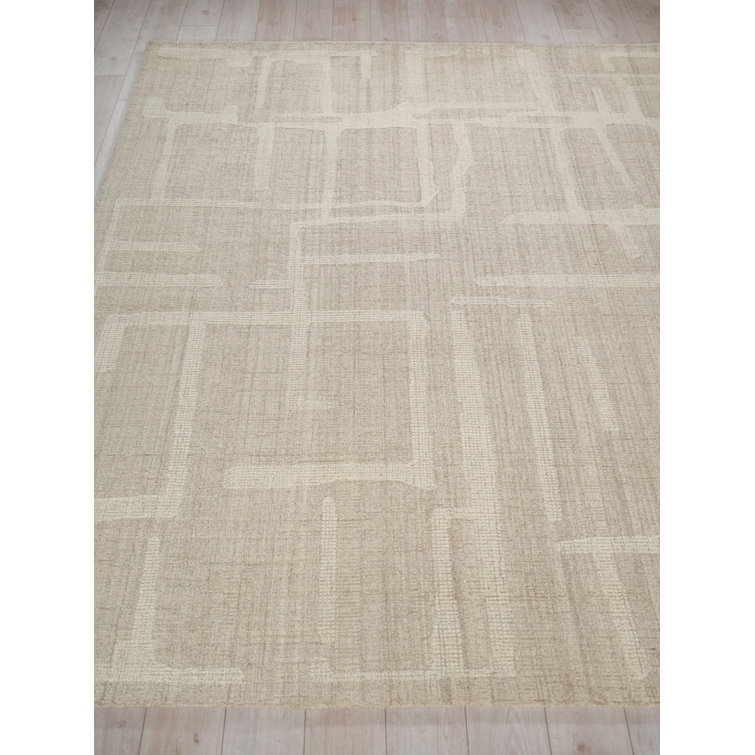 Beige and Ivory Hand Tufted Wool Abstract Rectangular Rug