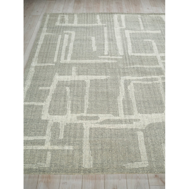 Ivory and Gray Hand Tufted Wool Abstract Rectangular Rug