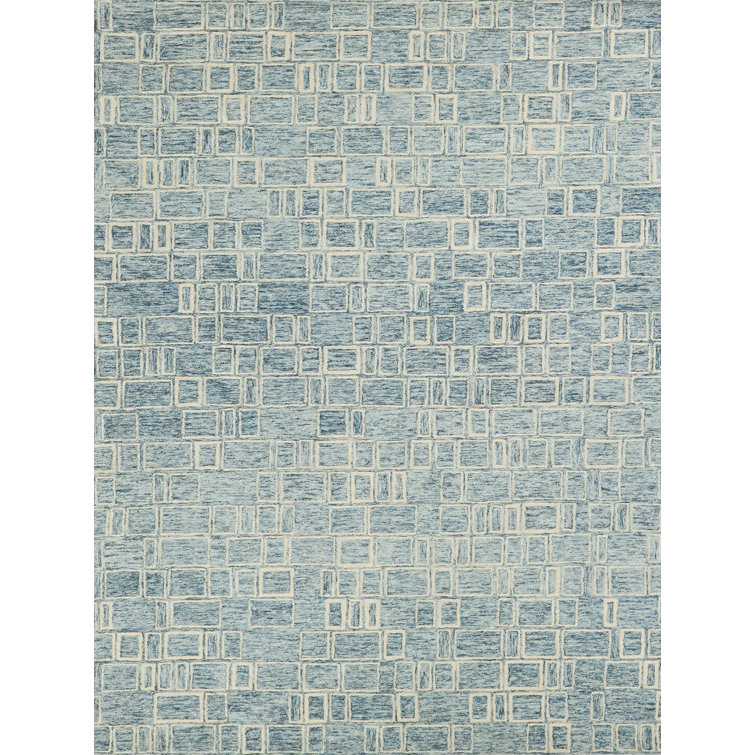 Handmade Blue and Ivory Geometric Wool Rectangular Rug, 9' x 12'