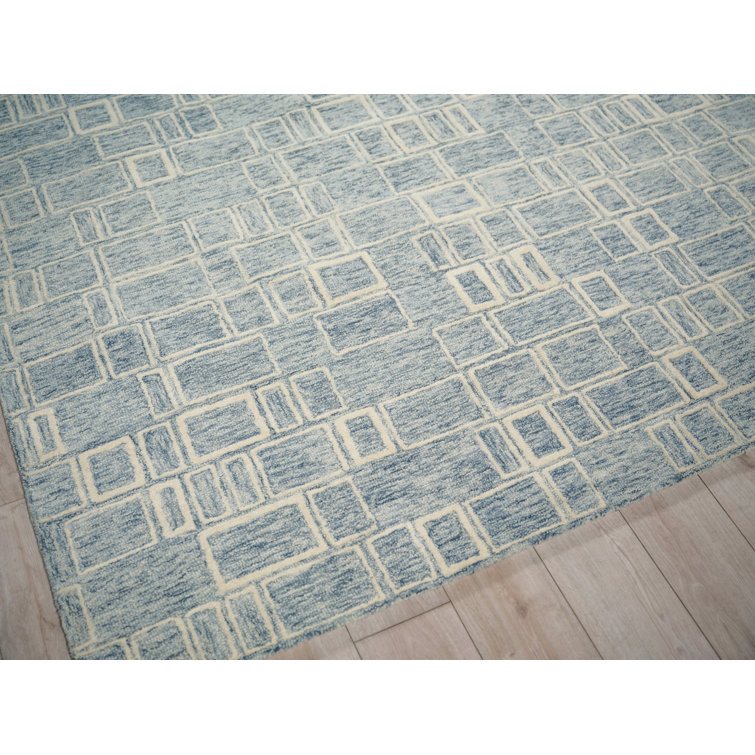 Handmade Blue and Ivory Geometric Wool Rectangular Rug, 9' x 12'