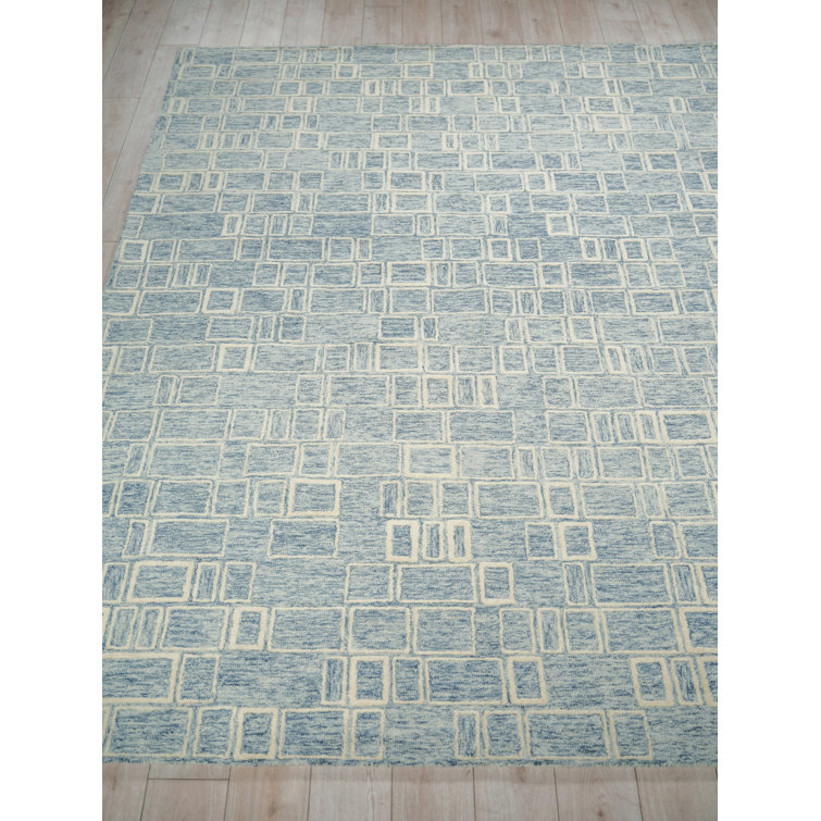 Handmade Blue and Ivory Geometric Wool Rectangular Rug, 9' x 12'