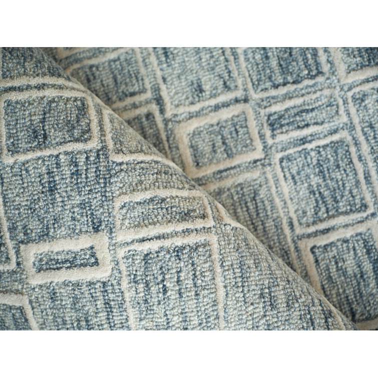 Handmade Blue and Ivory Geometric Wool Rectangular Rug, 9' x 12'