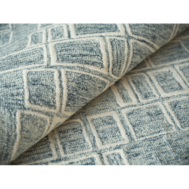 Handmade Blue and Ivory Geometric Wool Rectangular Rug, 9' x 12'