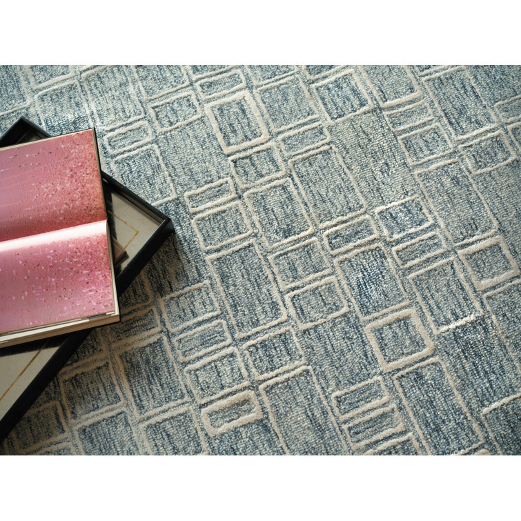 Handmade Blue and Ivory Geometric Wool Rectangular Rug, 9' x 12'