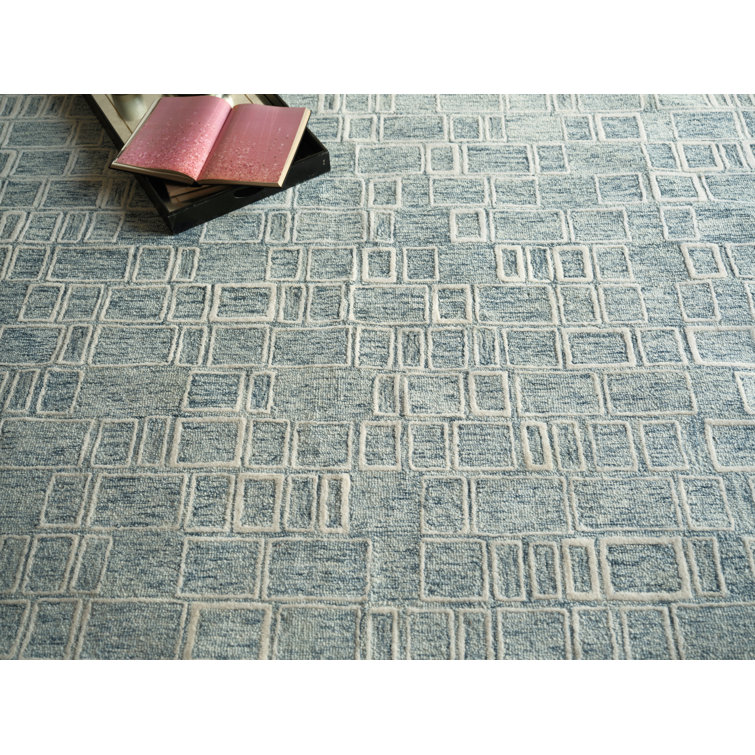 Handmade Blue and Ivory Geometric Wool Rectangular Rug, 9' x 12'
