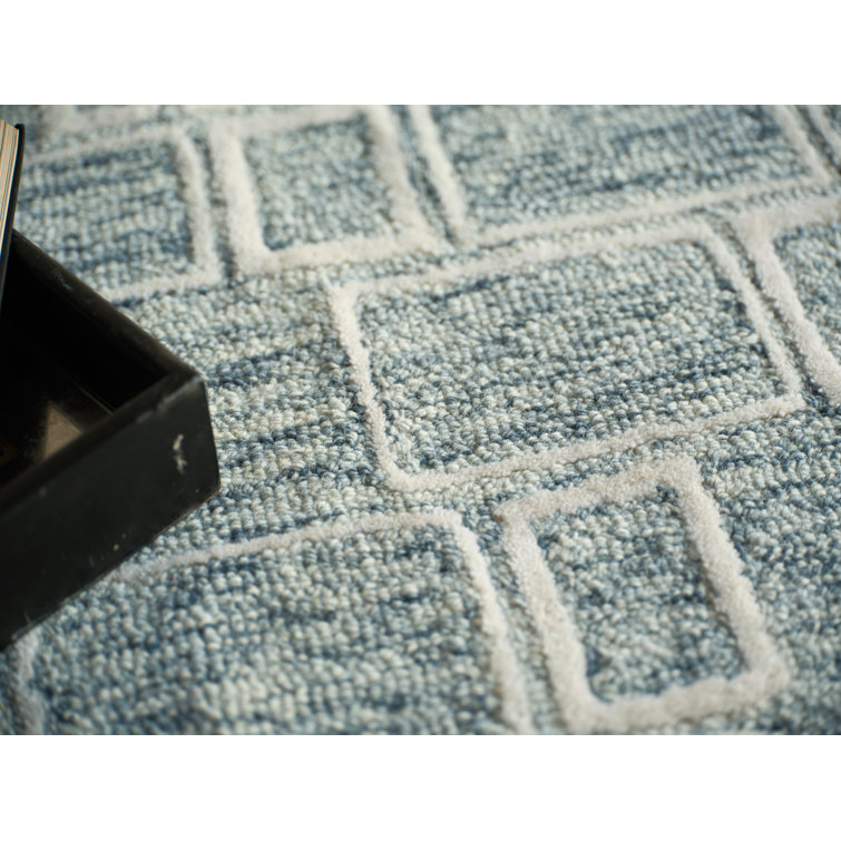 Handmade Blue and Ivory Geometric Wool Rectangular Rug, 9' x 12'