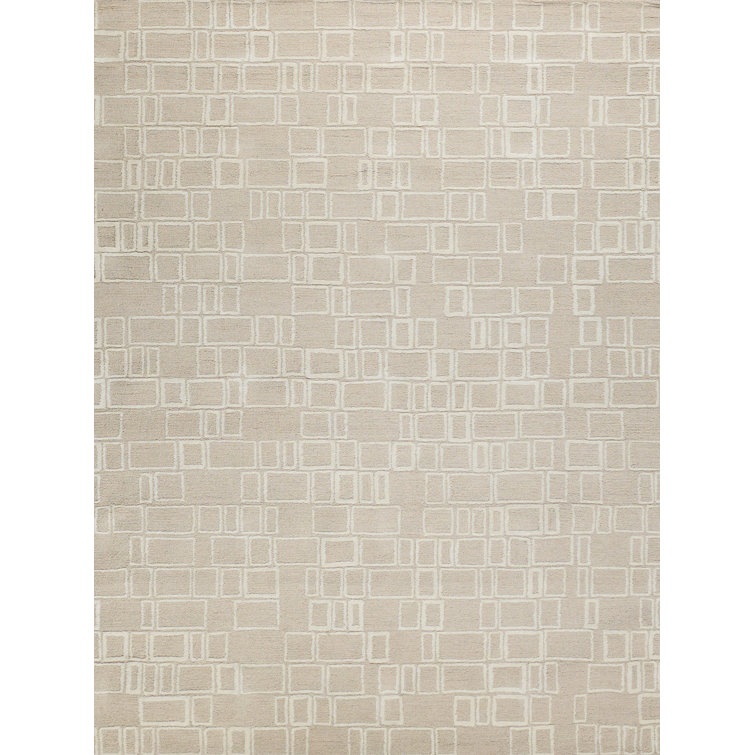 Beige and Ivory Geometric Handmade Wool Area Rug, 9' x 12'