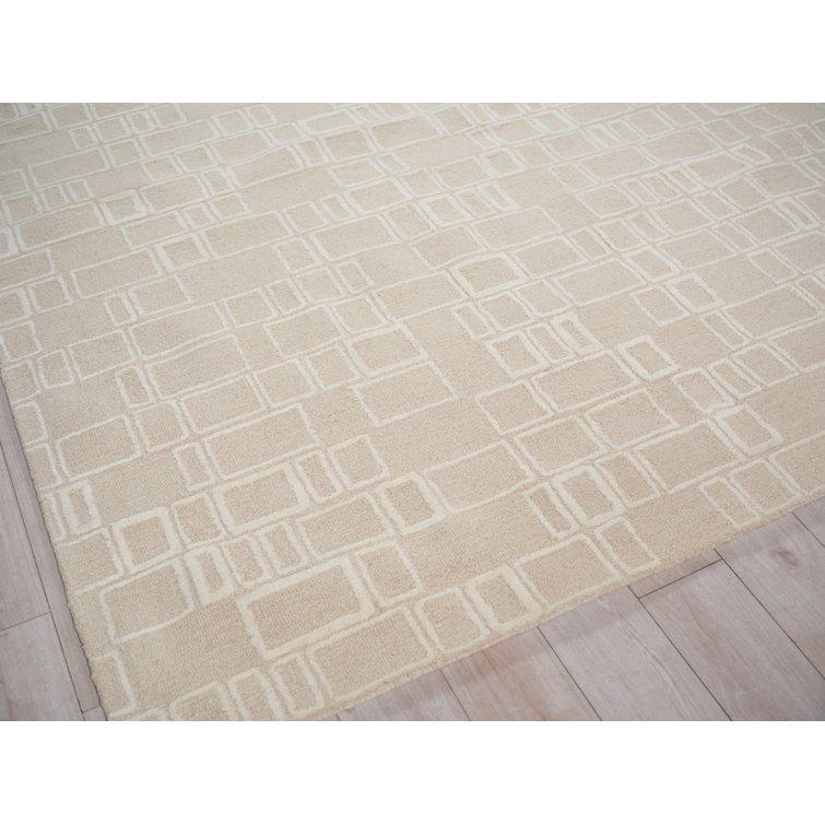 Beige and Ivory Geometric Handmade Wool Area Rug, 9' x 12'