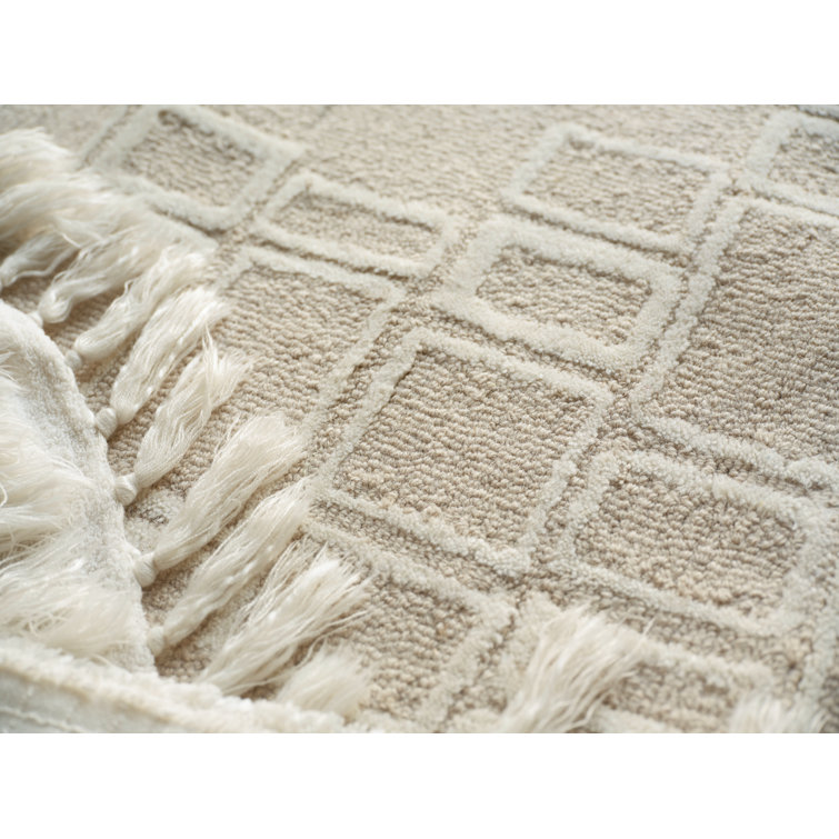 Beige and Ivory Geometric Handmade Wool Area Rug, 9' x 12'