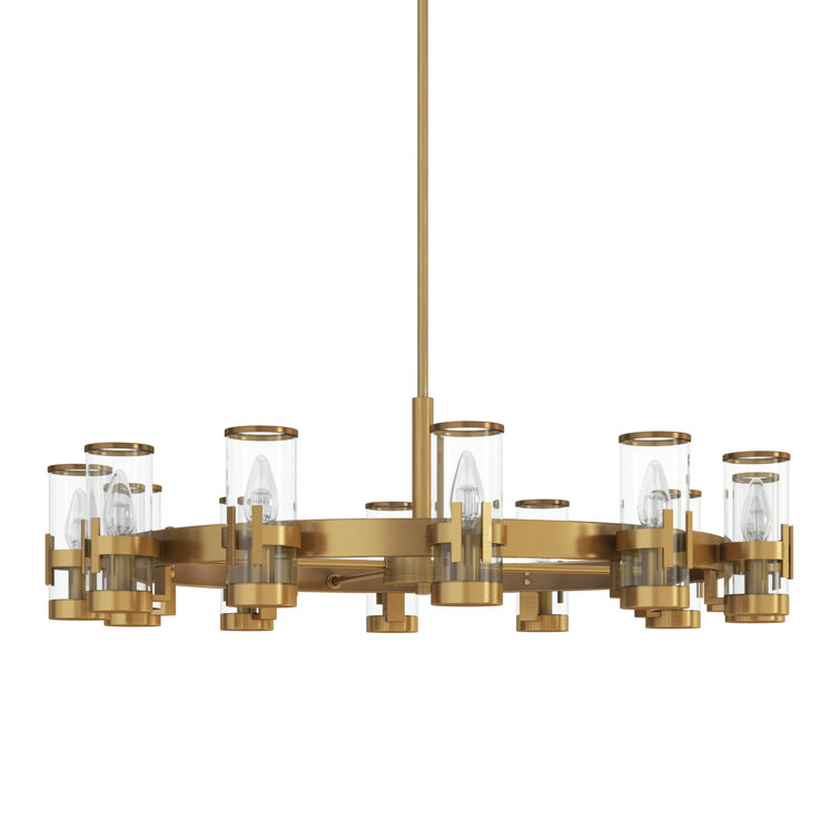 Reeve Heritage Brass 12-Light Wagon Wheel Chandelier with Clear Glass Cylinders