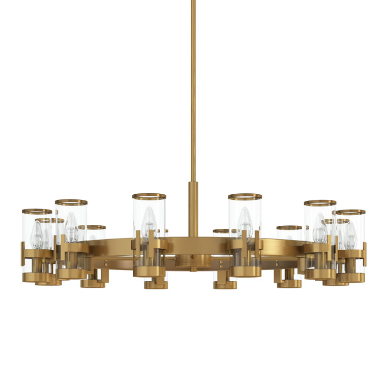 Reeve Heritage Brass 12-Light Wagon Wheel Chandelier with Clear Glass Cylinders