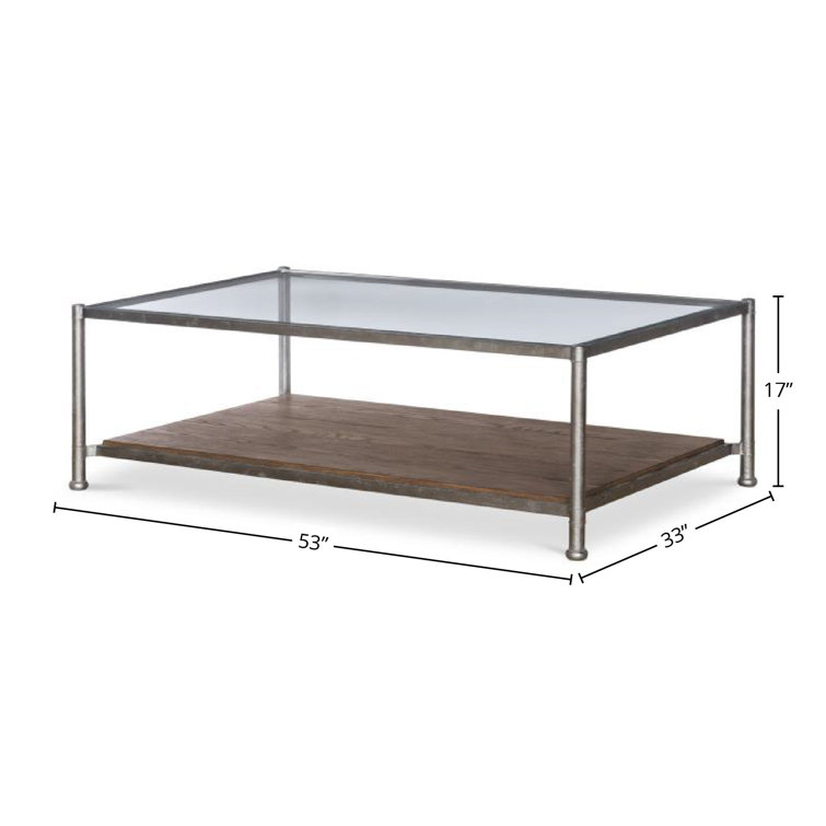 Brown Rustic Oak and Metal Glass Top Cocktail Table