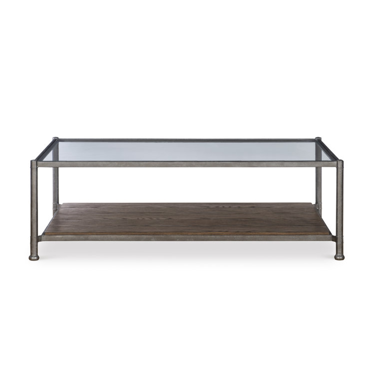 Brown Rustic Oak and Metal Glass Top Cocktail Table