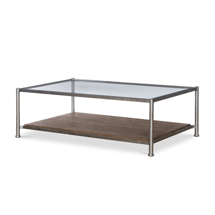 Brown Rustic Oak and Metal Glass Top Cocktail Table