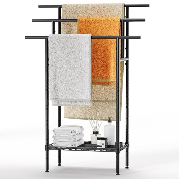 Black 44" Tall 3-Tier Freestanding Metal Towel Rack with Basket