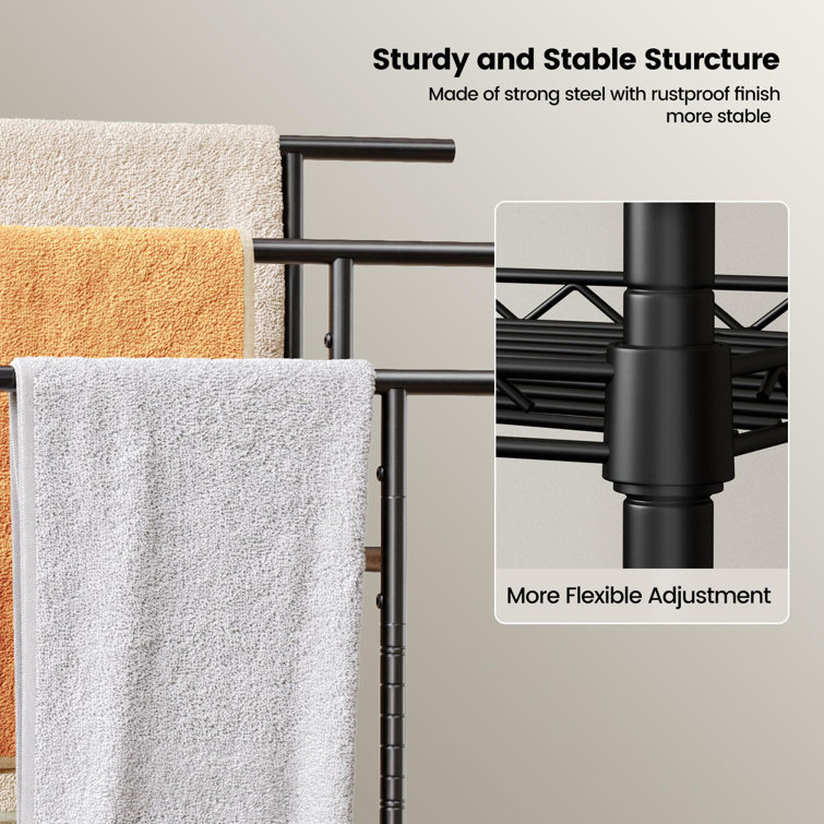 Black 44" Tall 3-Tier Freestanding Metal Towel Rack with Basket