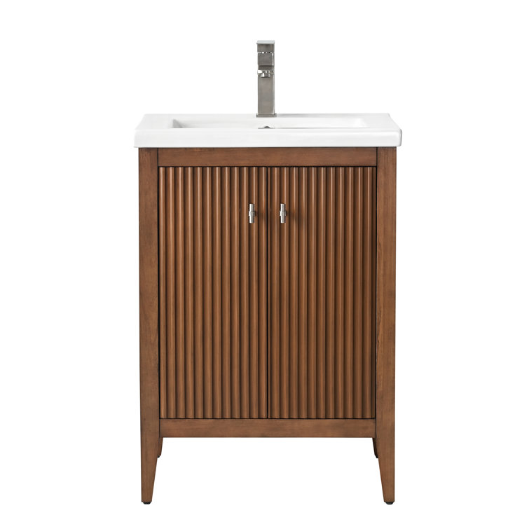 Walnut and White Ceramic Single Sink Bathroom Vanity Cabinet