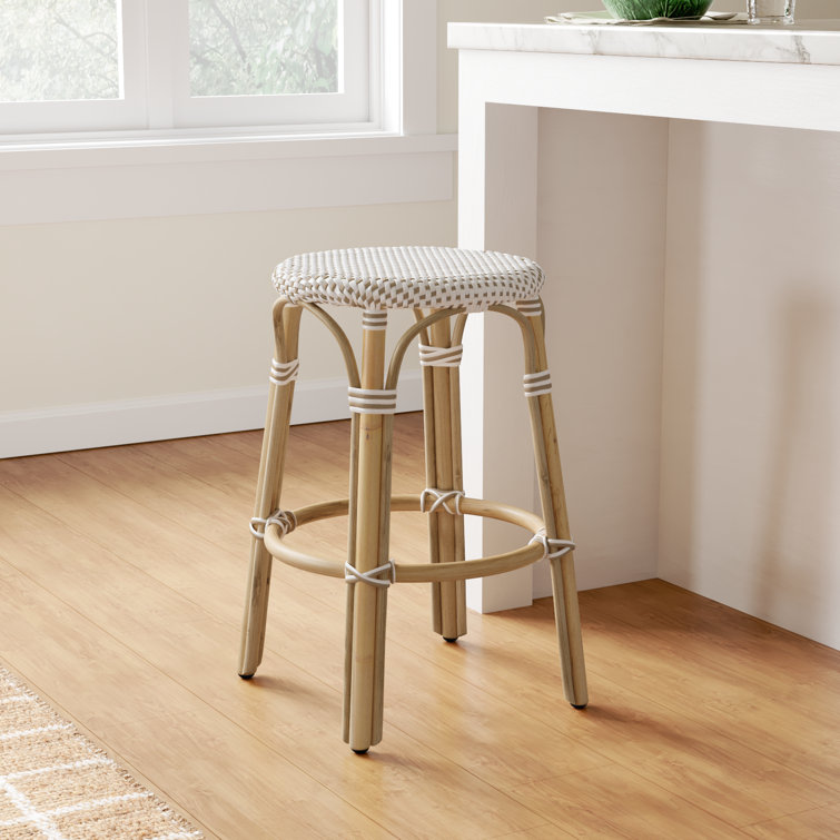 Beige and White Rattan Backless Counter Stool, 24"