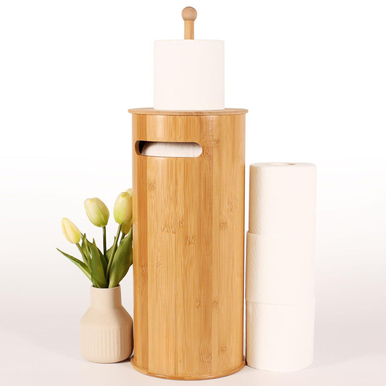 Freestanding Bamboo Toilet Paper Holder with Lid for Boho Bathroom