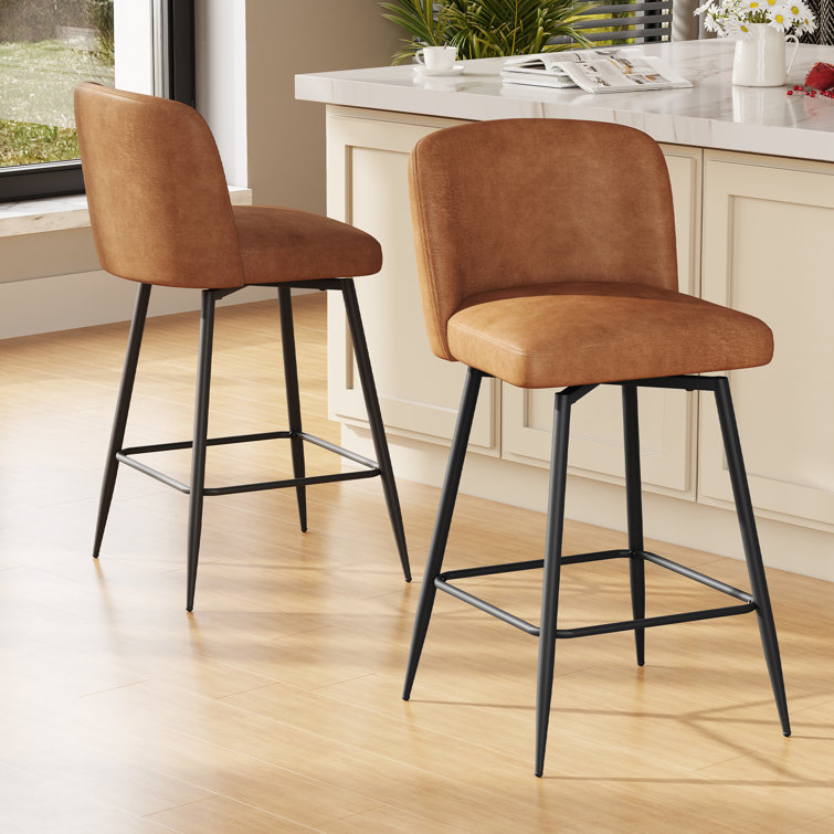 Saddle Brown Faux Leather Swivel Counter Stool with Metal Legs