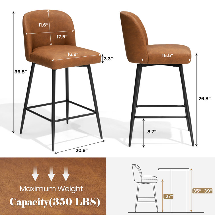 Saddle Brown Faux Leather Swivel Counter Stool with Metal Legs