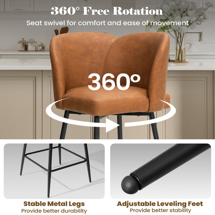 Saddle Brown Faux Leather Swivel Counter Stool with Metal Legs
