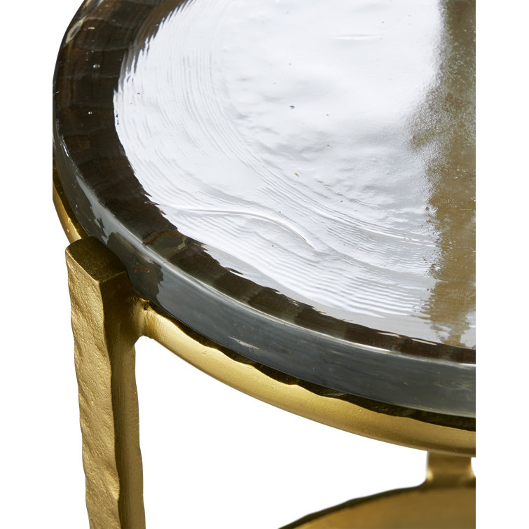 Gold Hammered Aluminum and Glass Round End Table