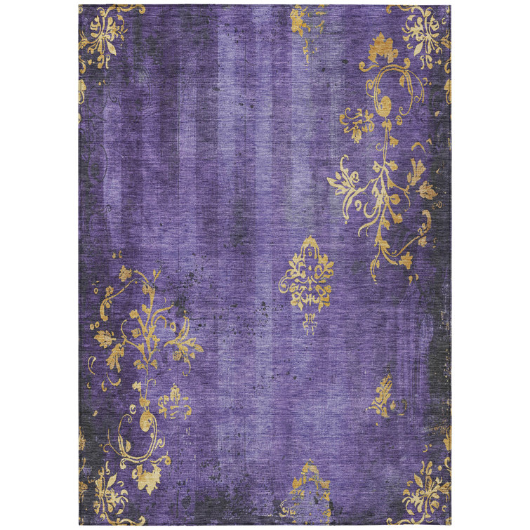 Purple Floral Washable Indoor/Outdoor Rectangular Rug