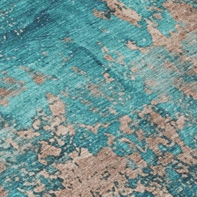 Teal and Beige Flat Woven Synthetic Runner Rug