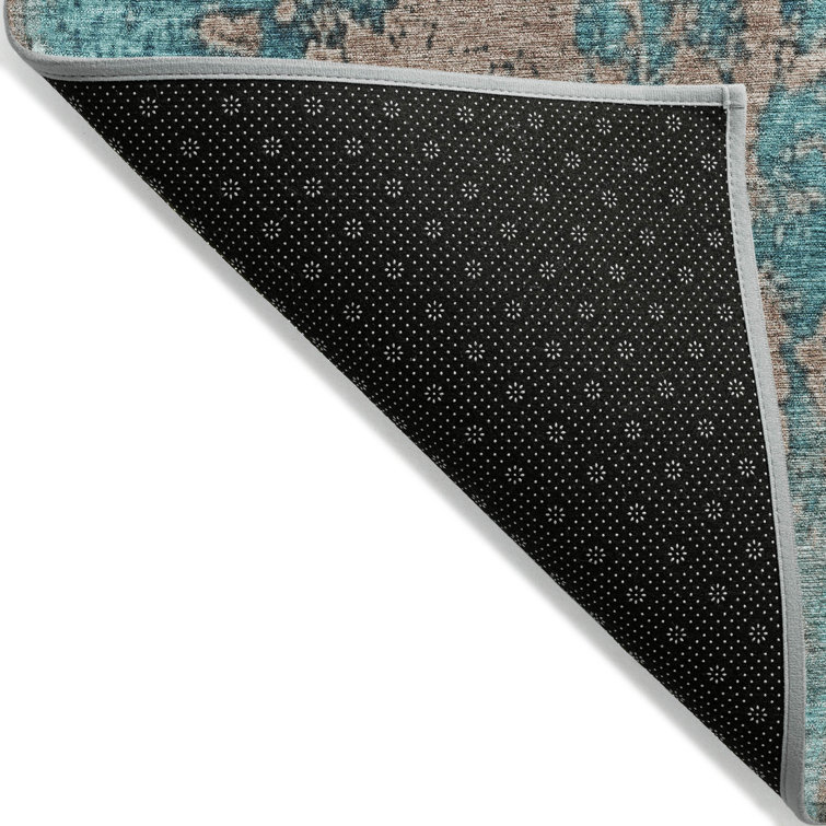 Teal and Beige Flat Woven Synthetic Runner Rug