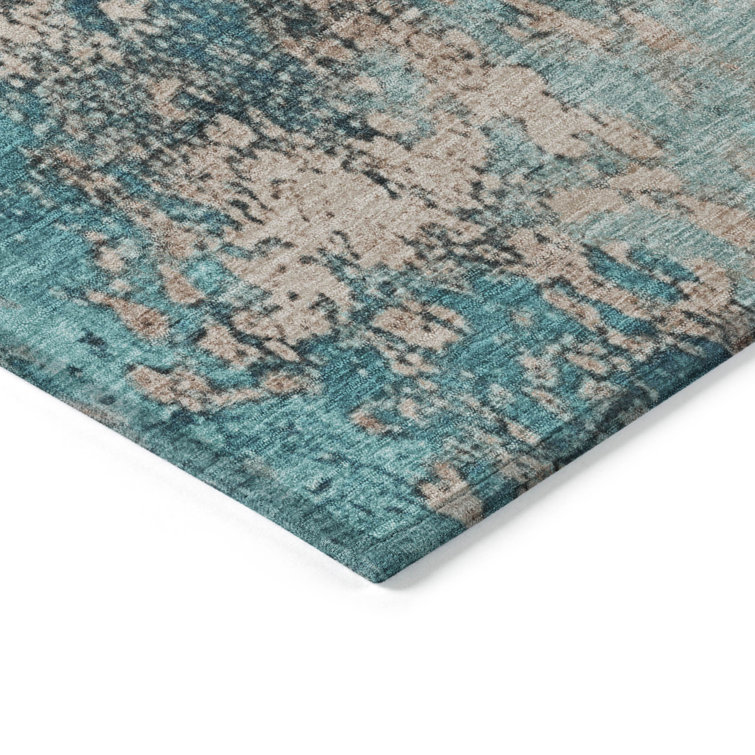 Teal and Beige Flat Woven Synthetic Runner Rug