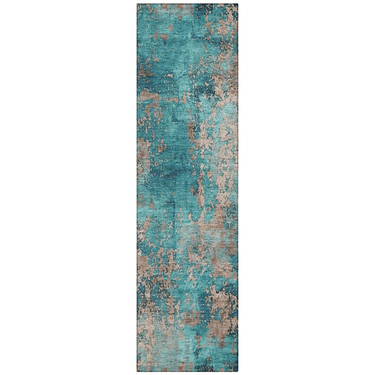 Teal and Beige Flat Woven Synthetic Runner Rug