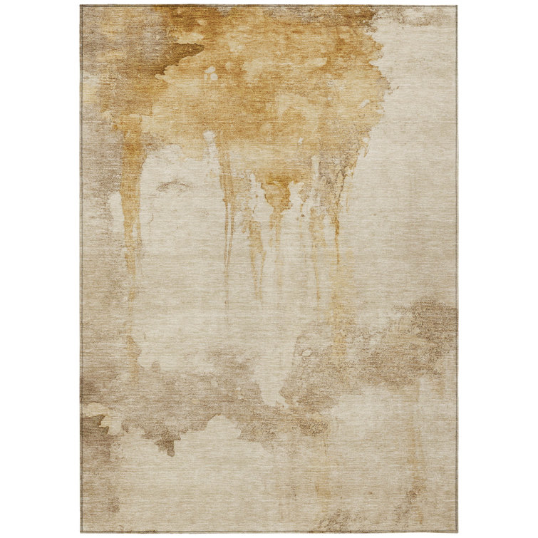 Gold Abstract Synthetic Rectangular Washable Rug 3' x 5'