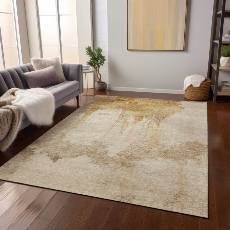 Gold Abstract Synthetic Rectangular Washable Rug 3' x 5'