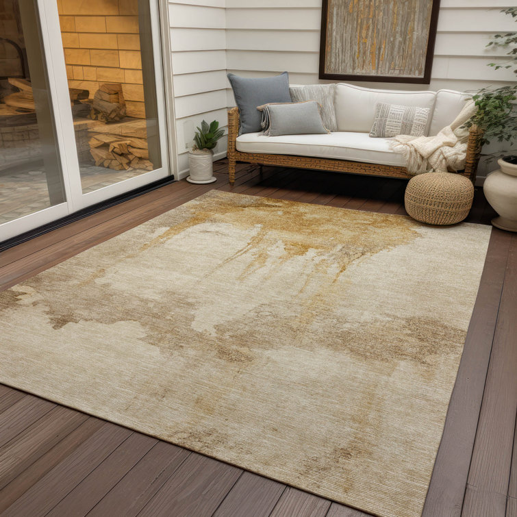 Gold Abstract Synthetic Rectangular Washable Rug 3' x 5'