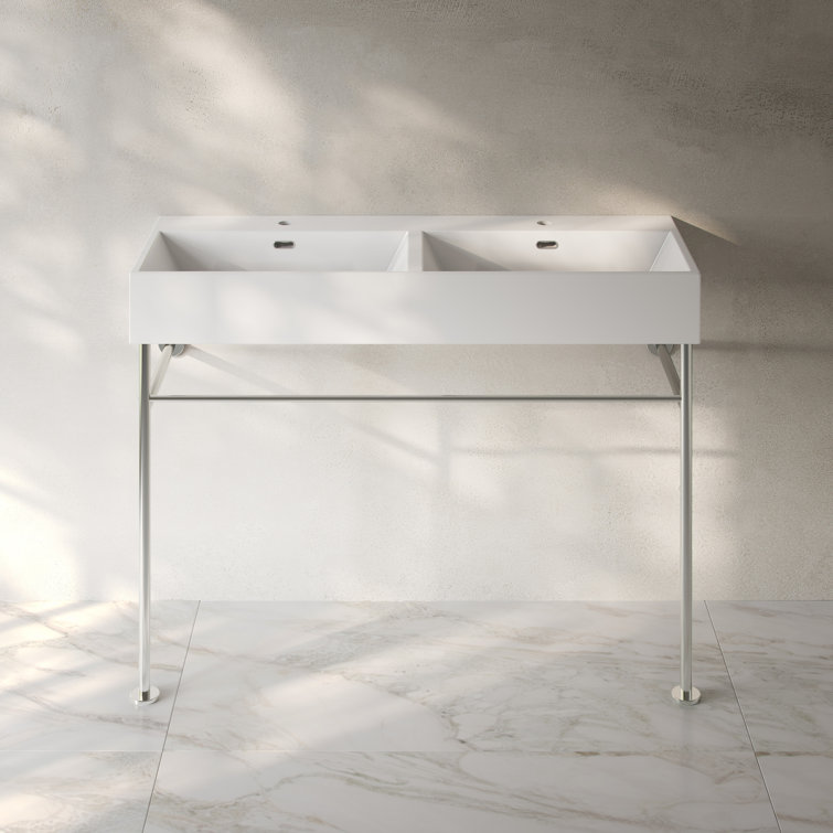 Claire 48" White Ceramic Double Basin Console Sink with Polished Chrome Legs