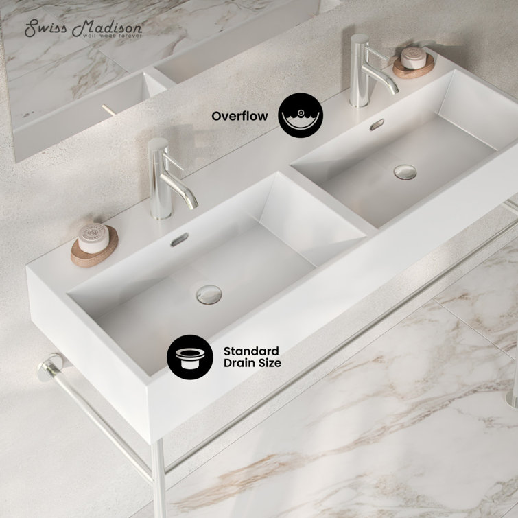 Claire 48" White Ceramic Double Basin Console Sink with Polished Chrome Legs