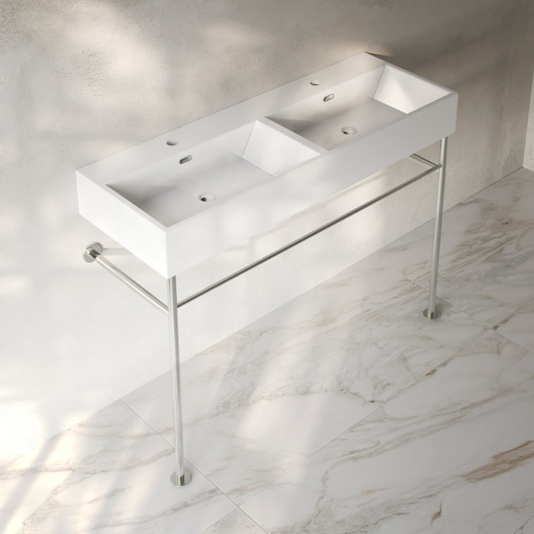 Claire 48" White Ceramic Double Basin Console Sink with Polished Chrome Legs