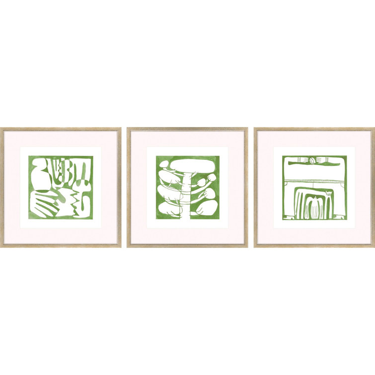 Green and White Abstract Canvas Art Set with Gold Frame